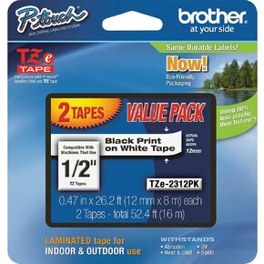Brother Genuine P-Touch, TZe-231 2 Pack Tape (TZE2312PK) ½"(0.47") x 26.2 ft. (8m) 2-Pack Laminated P-Touch Tape, Black on White, Perfect for Indoor or Outdoor Use, Water Resistant, TZE2312PK, TZE231 in Kuwait