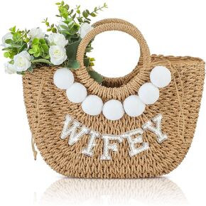 Pinkunn Beach Bag Handwoven Straw Rhinestone Pearl Letters Handle Purse Bachelorette Wedding Honeymoon Essentials