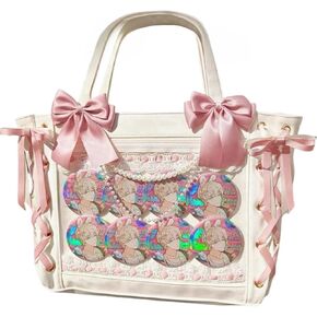Ribbon Ita Bag Pins Display Single Shoulder Crossbody Bag PU Leather Big Capacity Tote Bag with Zipper (White)