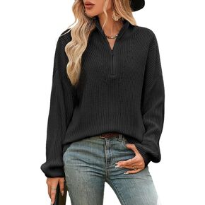 Women's Zipper Sweater 1/4 Zip Polo V Neck Long Sleeve Ribbed Knit Sweater Casual Loose Soft Pullover Tops