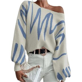 Women's Lantern Sleeve Sweater Graphic Boat Neck Drop Shoulder Long Sleeve Oversized Pullovers Jumper Top