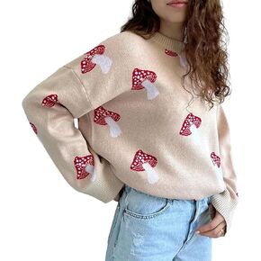 Apvirdy Mushroom Sweater Women Crewneck Long Sleeve Knit Sweater Loose Cute Graphic Pullover Sweater