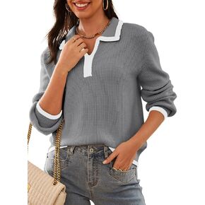 Dokotoo Sweaters for Women Fashion Long Sleeve Lapel Collar V Neck Casual Knit Color Block Pullover Sweater Jumpers Tops