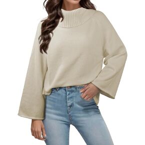 Angashion Womens Turtleneck Pullover Sweaters - Fall Winter Oversized Bell Long Sleeve Ribbed Knit Jumper Tops