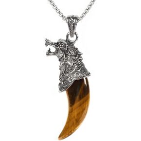 Justinstones Natural Gemstone Wolf Animal Pendant Necklace Retro Wolf Tooth Jewelry Necklace Gift 22 inch