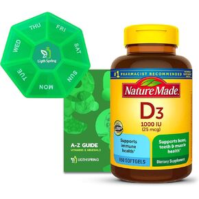 D3 1000 IU Softgels, 650 Count, Supports Bone, Teeth and Muscle Health withwith Bundle Exclusive Vitamins & Minerals - A to Z - Better Ligth&Spring Guide + Weekly Pill Organizer (3 Items)