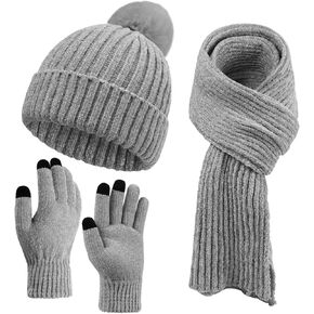 Winter Beanies Hat Scarf Gloves Set for Women Pom Beanie Hats Long Scarf Touchscreen Gloves Christmas Mom Gifts
