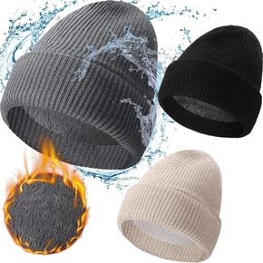 Geyoga 3 Pack Waterproof Beanie Winter Warm Beanie Fleece Lined Knit Hat Women Men Windproof Hat for All Weather Warm Black, Gray, White