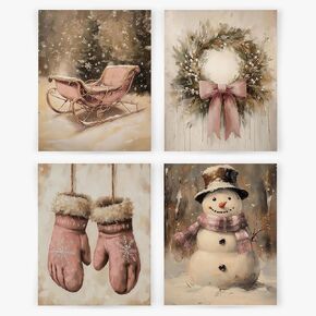 YQDEJ Christmas Wall Decor, Vintage Christmas Snowman Wreath Xmas Wall Art Prints Set of 4, Vintage Christmas Decor, Farmhouse Christmas Decor, Christmas Wall Decor for Home, 8x10 Inches Unframed