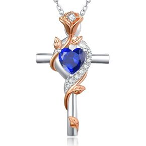 Birthstone Cross Necklace for Women 925 Sterling Silve Cross infinity Pendant Necklaces for Women Dainty Rose Flower Jewelry Gifts for Women On Birthday Christmas