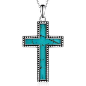 Genuine Turquoise Cross Necklace 925 Sterling Silver Turquoise Necklace Vintage Western Religious Cross Turquoise Jewelry for Women
