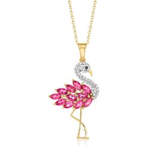 Ross-Simons 1.60 ct. t.w. Pink Topaz and .30 ct. t.w. White Zircon Flamingo Pendant Necklace With Single Black Spinel in 18kt Gold Over Sterling. 18 inches