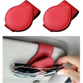 2 PCS Sunglasses Holder for Car Visor, Magnetic Leather Sunglasses Hanger Clip for Car Sun Visor, Automotive Visor Glasses Holder and Ticket Card Clip, Universal Car Accessories (Red)