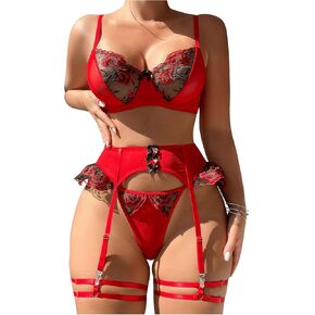 MakeMeChic Women's 5 Piece Lingerie Set Floral Embroidery Underwire Bra and Panty Set with Garter Belt