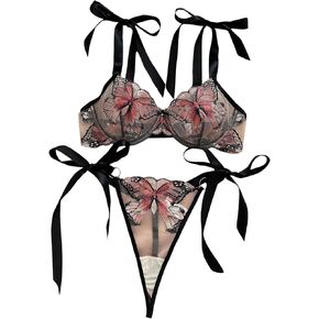 MakeMeChic Women's 2 Piece Lingerie Set Butterfly Embroidery Tie Knot Mesh Sheer Bra and Thongs Set