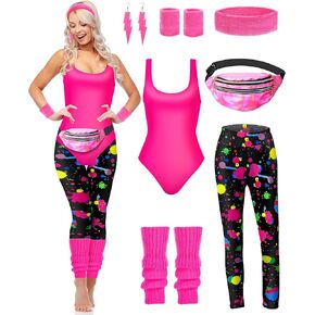 7 Pcs 80s Workout Costume 80s Accessories Set 80s 90s Leotard Legging Headband Wristbands Leg Warmers Earrings Fanny Pack
