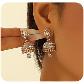 Indian Bollywood Bell Earrings Bridal Gold Jhumki Chandelier Earrings Elaborate Boho Beaded Earrings for Women Wedding