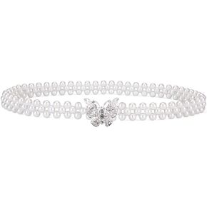 Elastic Pearl Belt Rhinestone Butterfly Sashes Crystal Wedding Waistband Bridal Dress Belt Bridesmaid Waist Belt Chain for Women Girls