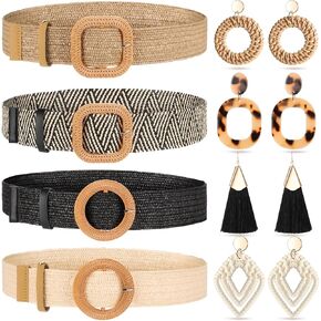Charniol 8 Pack Straw Woven Waist Dress Belt Rattan Earrings Set for Women, Tassel Hoop Drop Dangle Bohemian Earrings and Stretch Dress Belt For Ladies And Girls