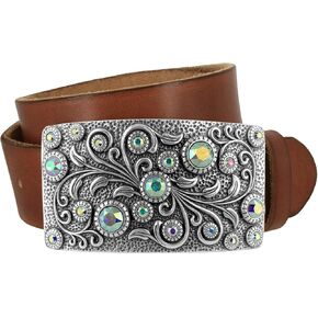Timeless Tranquility Rhinestone Crystal Floral Buckle Genuine Leather Belt 1-1/2"(38mm) Wide