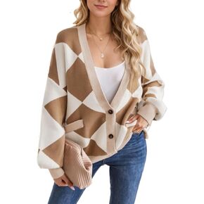 Sumleno Women Y2k Aesthetic Cardigan Sweaters Argyle Long Sleeve Open Front Knit Outerwear Trendy Oversized Fall Tops in Kuwait
