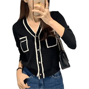 Floerns Women's Contrast Binding Long Sleeve Cardigan V Neck Knitted Sweater