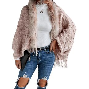 Women's Textured Fringe Hem Open Front Knit Cape Cardigan Faux Fur Loose Cardigan Sweater