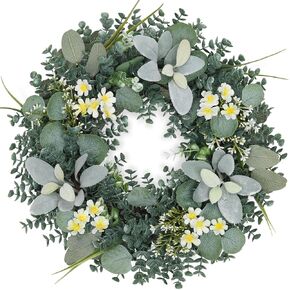 Summer Wreaths for Front Door,18''Green Eucalyptus Wreath,Year Round Greenery Wreath with Eucalyptus Boxwood Leaf Little Daisy Lambs Ear for Home,Outside Farmhouse,All Seasons-Indoor/Outdoor