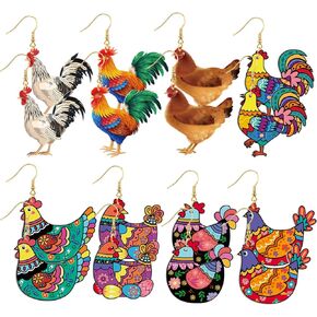 Nosiny 8 Pairs Acrylic Hen Chicken Earrings Lovely Gift for Women Funny Animal Rooster Drop Dangle Earrings Cute Farm Chicken Jewelry for Ladies