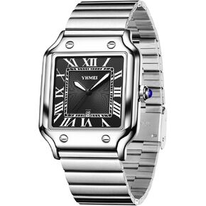 CARLIEN Unisex Classic Square Roman Numerals Silver Analog Waterproof Watches for Women Men Stainless Steel Strap Date Display Casual Wristwatch