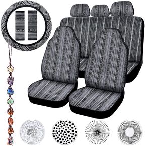 Frienda Baja Car Seat Covers Full Set Multicolor Stripe Car Seat Covers Boho Print Steering Wheel Cover Seat Belt Cover Crystal Hanging Ornament Car Holders Fits for Car (Fresh Style)