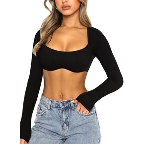 Navneet Women Long Sleeve Crop Tops Sexy Going Out Top Ribbed Corset Tops Square Neck Club Party Fall Tee Shirts