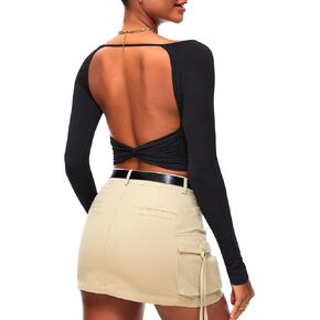 Women Backless Long Sleeve Top Open Back Top Twist Backless Shirt Long Sleeve Going Out Tops