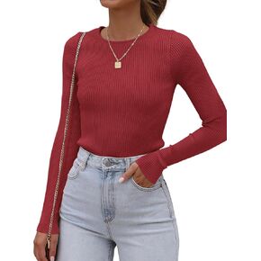 ATHMILE Womens Ribbed Knit T Shirt Casual Crewneck Tops Short Sleeve/Long Sleeve Sweaters Slim Fit Basic Tees