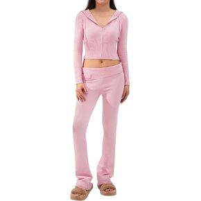 Kimydreama Women Knit 2 Piece Outfits Long Sleeve Zip Up Hoodie High Waist Skinny Long Pants Set Tracksuit Loungewear