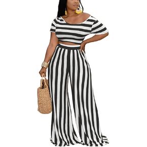2 Piece Outfits for Women Sexy Backless Short Sleeve Crop Top High Waist Wide Leg Long Pant Sets Tracksuit Sport Set
