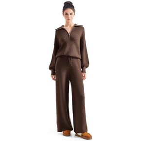 SUUKSESS Women 2 Piece Lounge Sets Quarter Zip Pullover Wide Leg Pants Oversized Matching Sets (Mocha, L)