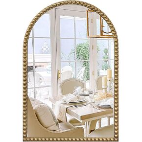 Beaded Frame Arch Wall Mirror, 24" X 36" Vintage Gold Bathroom Vantity Mirror, Ornate Decorative Mirror for Living Room, Washroom, Fireplace, Entryway