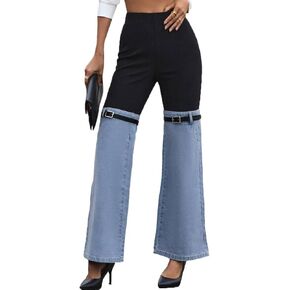 Nihsatin Women's Two Tone Denim Patchwork Flared Pants High Waisted Color Block Bell Bottom Jeans Pants