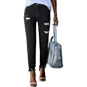 Sidefeel Womens Straight Leg Jeans Ripped Casual Loose Distressed Boyfriend Denim Pants