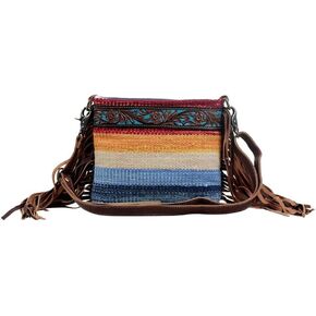 Myra Bag Etched Rainbow Hand-Tooled Bag Upcycled Cotton & Leather S-3077