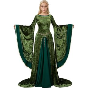miccostumes Women's Renaissance Dress Medieval Queen Cosplay Costume Long Wide Sleeves Green Velvet Dress
