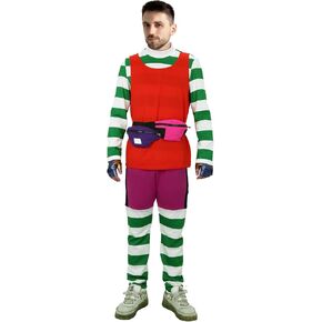 Women Clown Costume Bib Overalls Shirt Hat Rompers Stockings Outfit Halloween Cosplay Jumpsuit Uniform