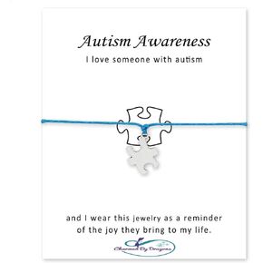 Autism Bracelet - Puzzle Piece Charm - On Awareness Card - Adjustable 7-9 Inch