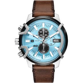 Diesel Griffed Stainless Steel and Leather Chronograph Men's Watch, Color: Silver, Brown (Model: DZ4656)