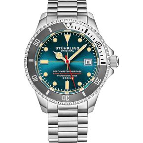 Stuhrling Original Mens Swiss Automatic Stainless Steel Professional DEPTHMASTER Dive Watch, 200 Meters Water Resistant, Brushed and Beveled Bracelet with Divers Safety Clasp and Screw Down Crown
