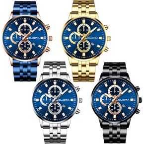 4 Pack Men's Watches Luxury Casual Dress Business Waterproof Military Quartz Wristwatches for Men Stainless Steel Band Gold Black Blue Silver Wholesales Set Assorted