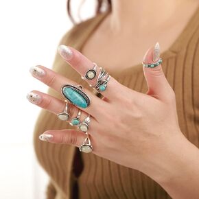Jumwrit Rhinestone Knuckle Rings for Women 8pcs Stackable Rings Set Vintage Joint Finger Rings for Girls Silver Teardrop Oval Leaf Band Ring(Style 2)