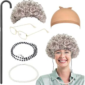 6 Pcs Old Lady Costume for Kids, Old Lady Costume for Women Girls 100th Day of School Old Lady Wig Grandma Wig