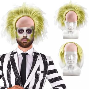 Halloween Men Green Wig Horror Gothic Bald Cosplay Wig with Wig Cap for Betelgeuse Costume Party